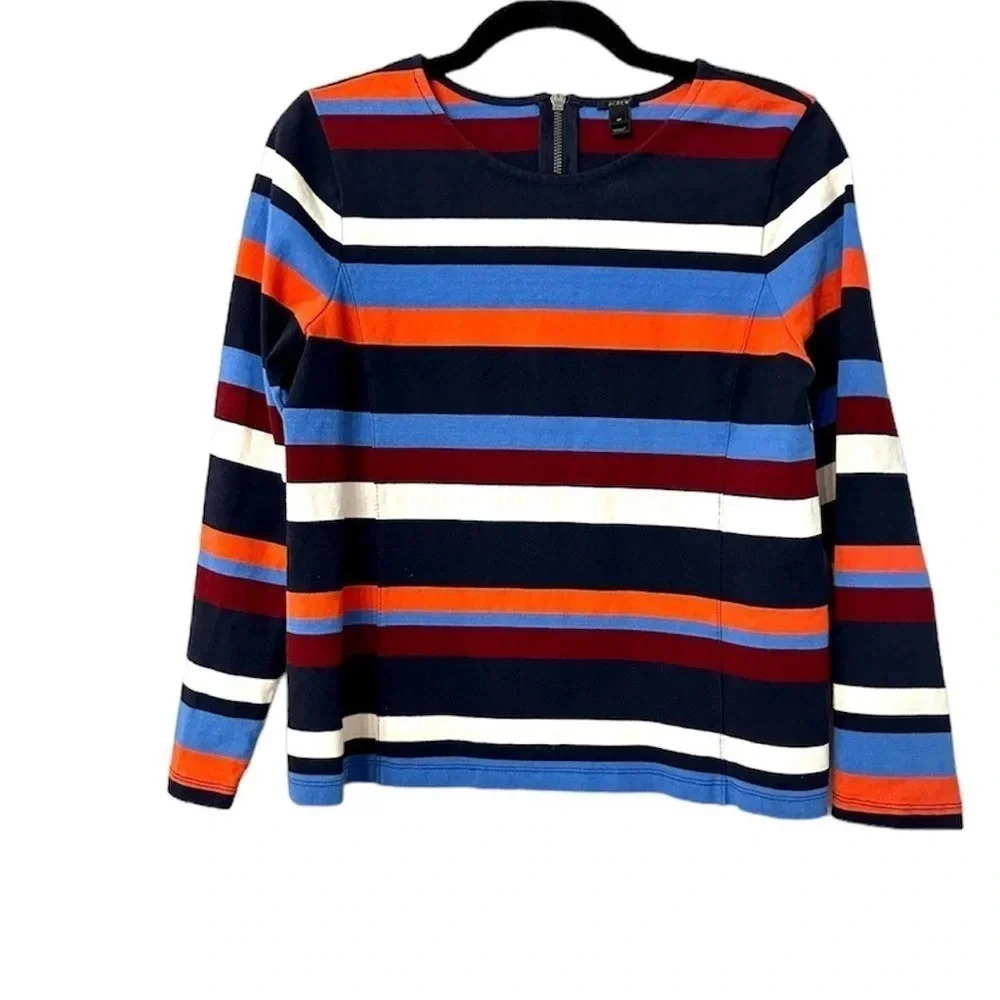 J. Crew Women's Long Sleeve Multicolor Striped Top with Zipper Back Size M GUC